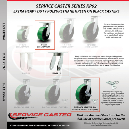 Service Caster 8 Inch Heavy Duty Green Poly on Metal Caster Swivel Lock/Brake 2 Rigid, 2PK SCC-KP92S830-PUR-GB-SLB-BSL-2-R-2
